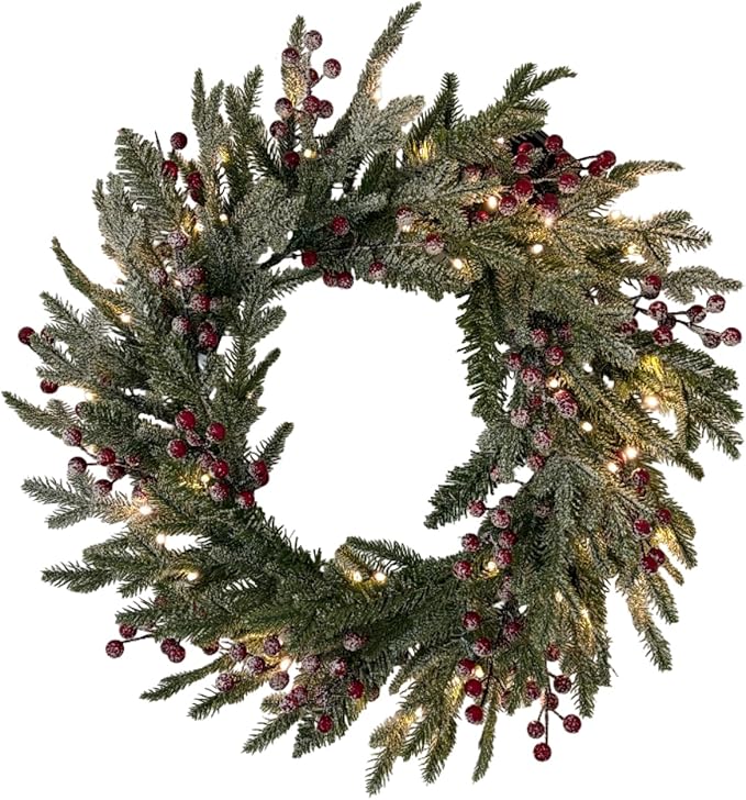 24" Prelit Christmas Wreath with LED Lights, Snow-Flocked Pine, Red Berries & Pine Cones, Holiday Front Door Decoration