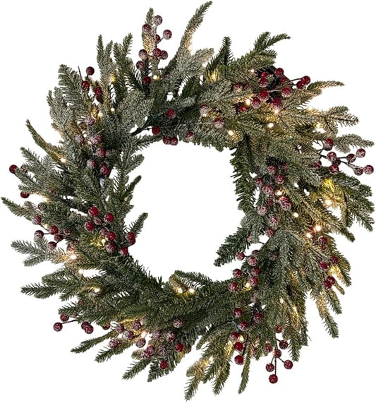 24" Prelit Christmas Wreath with LED Lights, Snow-Flocked Pine, Red Berries & Pine Cones, Holiday Front Door Decoration