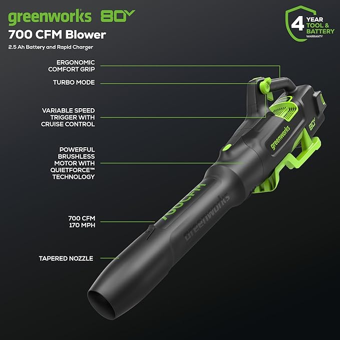 Greenworks 80V 16 Brushless Cordless String Trimmer and 700 CFM Leaf Blower Combo Kit, 2.5Ah Battery and Charger Included