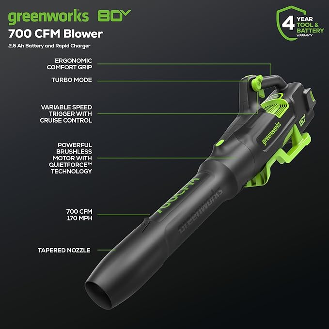 Greenworks 80V (700 CFM / 170 MPH) Brushless Cordless Leaf Blower, Commercial-Grade Power, 40-Min Rapid Charger for Wet Leaves, Heavy Debris, Gravel and Driveway Snow, Includes 2.5Ah Battery & Charger