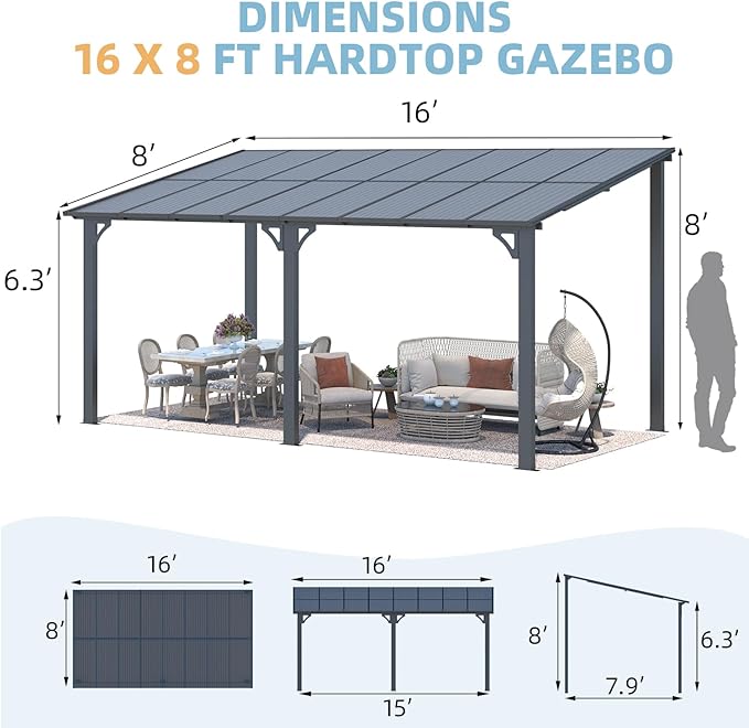 AECOJOY 16' x 8' Gazebo Outdoor Pergola for Patio, Hard Top Lean to 8x16 Gazebo Shelter Pergolas and Gazebos Clearance with Patio Roof, Large Wall-Mounted Heavy Duty Awnings for Patio, Decks, Backyard
