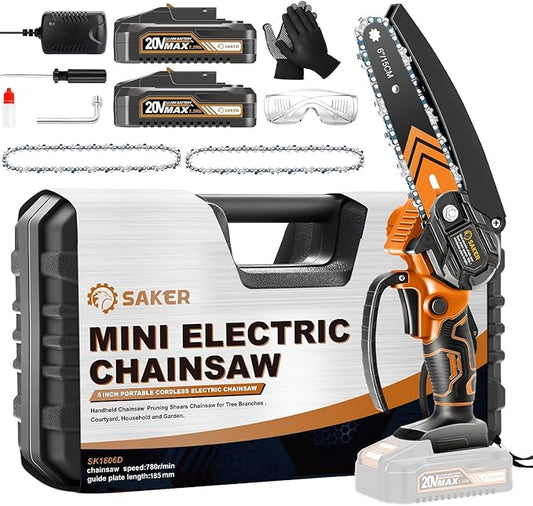 Saker Mini Chainsaw,6 Inch Portable Electric Chainsaw Cordless, Small Handheld Chain saw for Tree Branches,Courtyard, Household and Garden(SK1806D-O)