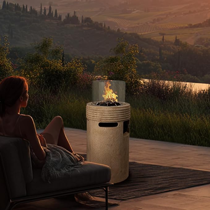 Outdoor Propane Fire Pit, 16 Propane Fire Column Patio Gas Fire Pit 50,000 BTU for Outside with Lava Rocks