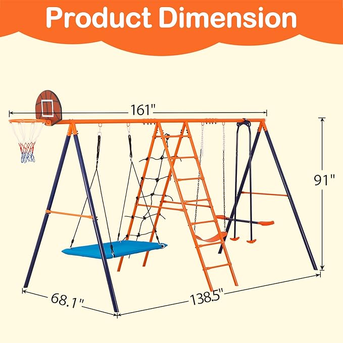 Outdoor Metal Swing Set for Kids, Heavy-Duty Metal Playground Set with Swings, Climbing Ladder, Trapeze Bar & Basketball Hoop, 660lbs Max Weight