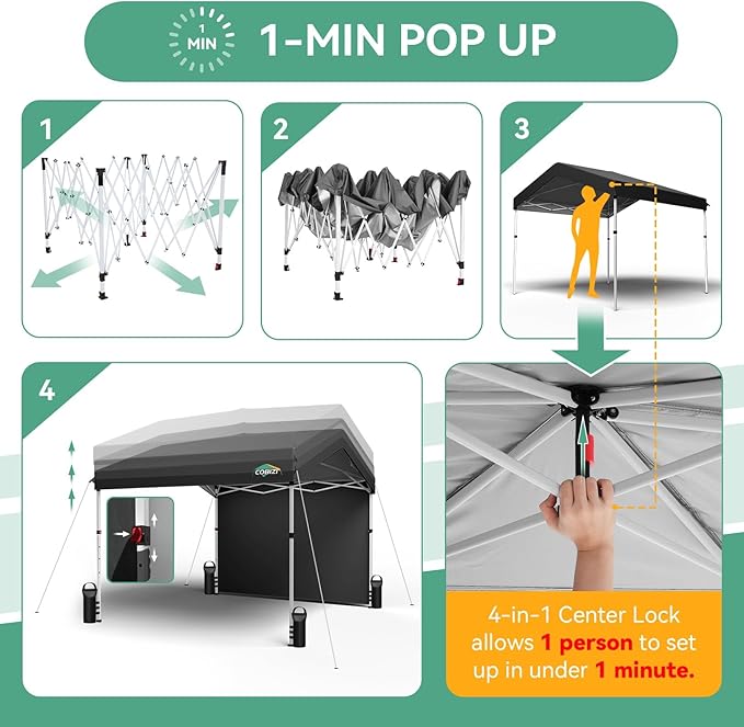 COBIZI 10x10 Pop Up Canopy with One Button Push Center Lock,Ez Up Portable Carport Without sidewall,Waterproof UV50+ Outdoor Party Commercial Carport Canopy with Carry Bag(10 x 10 ft Black)