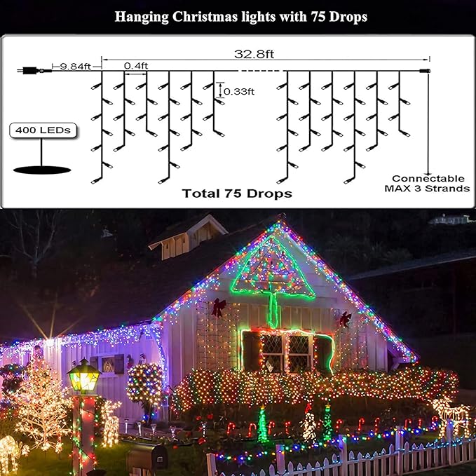 Led Christmas Lights Outdoor Christmas Decorations Hanging Light 400LED 8 Modes 75 Drops, Waterproof Outdoor Indoor Fairy Christmas Lights for Party, Holiday, Wedding, Eaves Decorations (Multicolor)