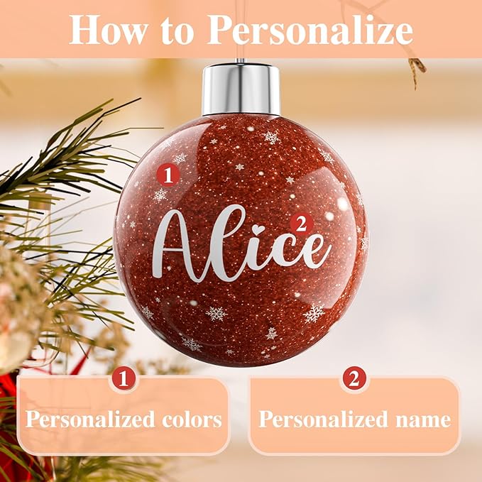 Bemaystar Personalized Christmas Ball Ornaments - Custom Name Christmas Ornaments, Glitter Christmas Ornaments, Customized Christmas Tree Decorations Gift for Family, Kids, Friends, Couples, Wedding