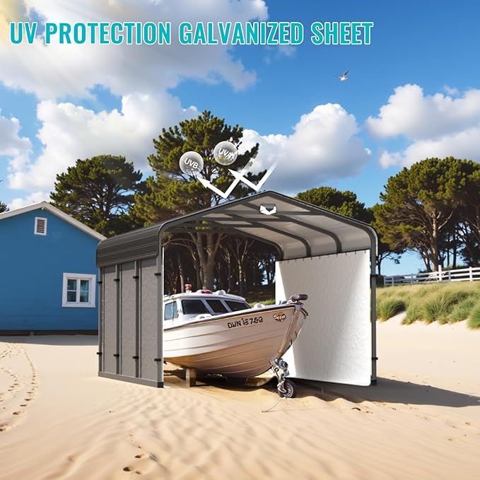 10x15 Metal Carport, Heavy Duty Car Carport Canopy, Galvanized Steel Roof Car Tent Garage, CarPorts with Removable Polyethylene Sidewalls