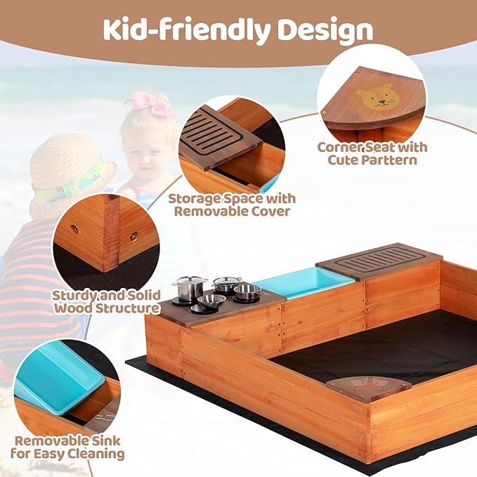 Kids Sandbox with Kitchen Playset, 2 in 1 Wood Sand Pit with Cover & Bottom Liner, Outdoor Toddler Sand Box with Corner Seats, Storage Bin, Sink & Cooking Accessories for Garden Beach Backyard