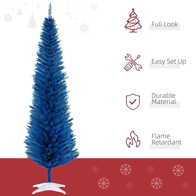 HOMCOM 7' Artificial Pencil Christmas Tree, Slim Xmas Tree with 499 Realistic Branch Tips and Plastic Stand, Blue