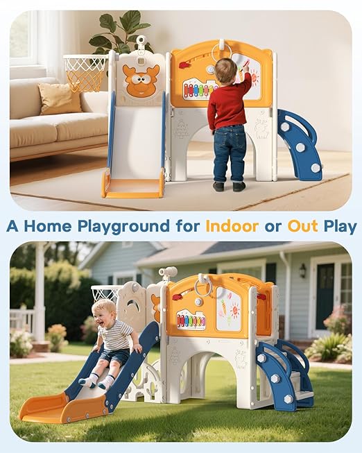 BIERUM Toddler Slide Set, 13 in 1 Kids Indoor Slide for Toddler 1-3, Indoor Outdoor Toddler Slide Playset with Basketball Hoop, Golf Game & Drawing Board, Baby Indoor Slide Playground, Blue&Yellow