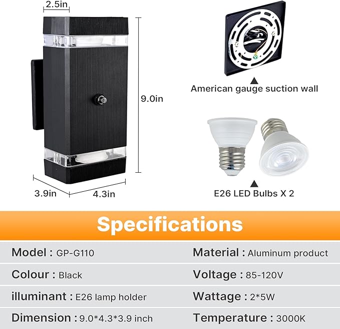 Outdoor Wall Lights 1 Pack, Integrated LED Up Down Lights, Modern Black Outdoor Wall Light with Dusk to Dawn Sensor Aluminum Exterior Wall Light for Porch Patio Door