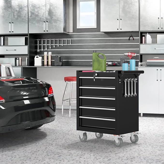 5 Drawers Rolling Tool Chest, Portable Storage Tool Box with Wheels, Tool Chest with Lock for Warehouse, Garage, Repair Shop and Tool Room (Black)