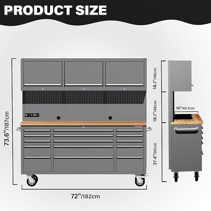 HAUTMEC 72 Rolling Tool Chest, Mobile Garage Workbench, Heavy-Duty Tool Cabinet on Wheels with 15 Drawers, 3 Upper Cabinets, Pegboard & 51 Hooks, Oak Work Surface & Power Strip ? HT0428