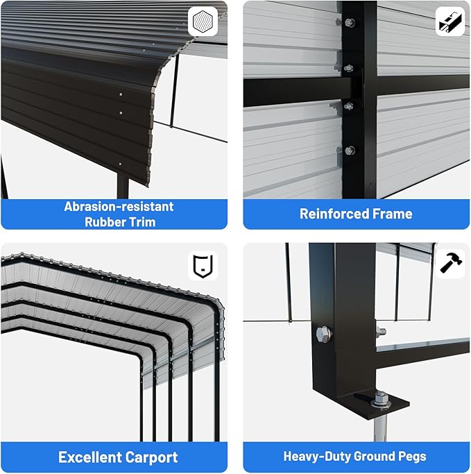 Metal Carport 12x20FT with Reinforced Base - Galvanized Steel Roof Heavy Duty Carport Canopy, for Cars, Motorcycles, Pickup Trucks, SUVs, Tractors and Boats,Black