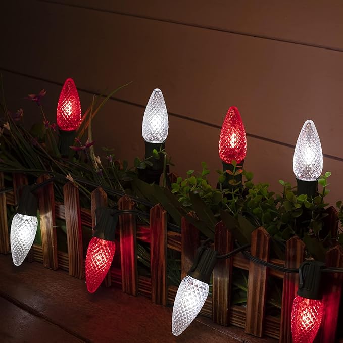 Christmas Pathway Lights Outdoor, 2 Pack 26 Ft 20 LED C9 Strawberry String Lights with Stakes, Connectable Waterproof Outside Christmas Lights Marker for Path, Lane, Patio Decor, Red & Pure White
