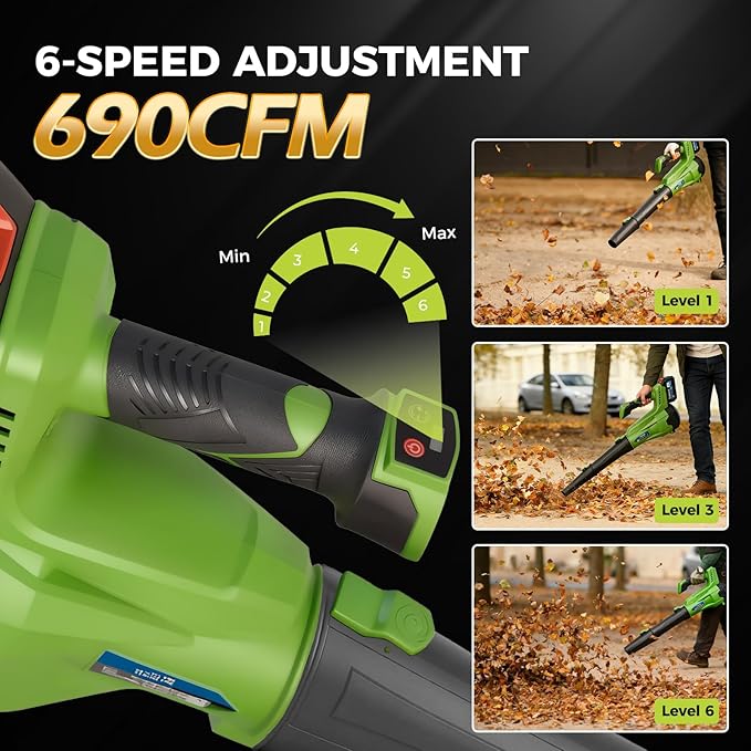 Electric Leaf Blower Cordless, 690 CFM/190 MPH Brushless Motor with 6-Speed Modes, 690 CFM Battery Leaf Blower with 2 X 2.0Ah Batteries & Charger, Lightweight, Battery Powered