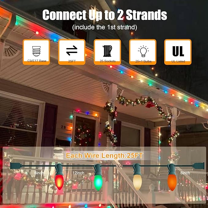 C9 Multicolor Christmas Lights Outdoor, 25Ft Vintage Christmas String Lights with 26 Colorful Ceramic Bulbs, Hanging Patio Lights for Outdoor Roofline Christmas Tree Garden Pathway Decor, Green Wire