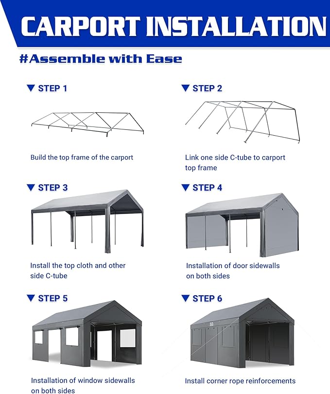 Heavy Duty 10x20 Carport, Waterproof UV Resistant Portable Garage Shelter with Rustproof Steel Frame, All Weather Protection for Vehicles Boats Equipment (Gray, 10x20ft)