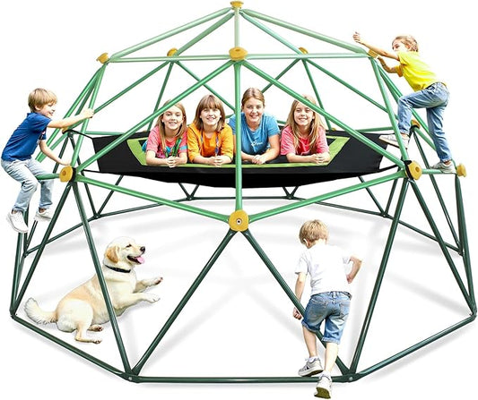 10FT Kids Climbing Dome Jungle Gym, with Hammock, All-Weather Heavy Duty Outdoor Playset for Ages 3-12, IPX9 Steel Frame, Backyard, Park, Indoor Use