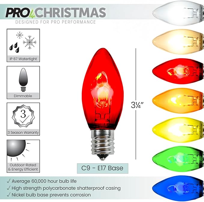 Pro Christmas C9 LED U Shape Flexible Filament Bulb - Pro Pack of 25 Bulbs - Energy Efficient Outdoor Waterproof Lighting for Holiday Decor, Christmas Trees - Red