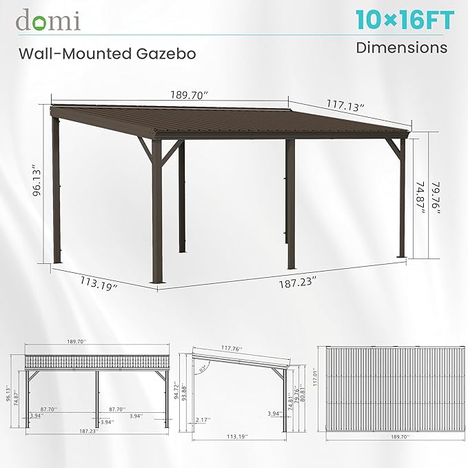 Domi 10' x 16' Lean to Gazebo, Wall Mounted Gazebos Pergola with Built in Drainage System, Galvanized Steel Roof, Hardtop Patio Shelter for Deck, Porch, Backyard and More,Brown