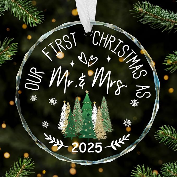 Horaldaily 3.15" Christmas Trees Glass Ornament 2025- Our First Christmas As Mr.&Mrs. Round Decor - Xmas Tree, Holiday Presents, Gift Exchange Ideas Hanging Decor for Newlywed Couple Bride Groom
