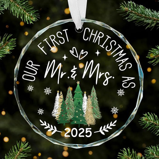 Horaldaily 3.15" Christmas Trees Glass Ornament 2025- Our First Christmas As Mr.&Mrs. Round Decor - Xmas Tree, Holiday Presents, Gift Exchange Ideas Hanging Decor for Newlywed Couple Bride Groom