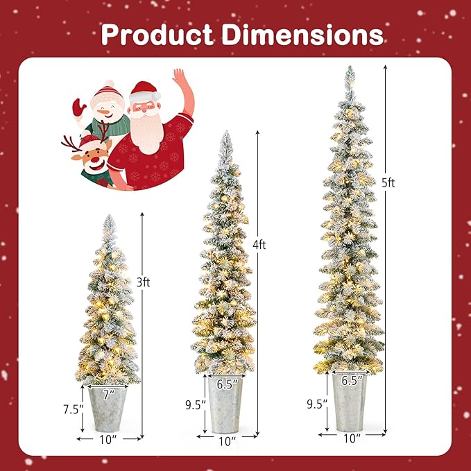 GOFLAME Set of 3 Pre-Lit Potted Christmas Trees, Snow Flocked Pencil Christmas Tree Set 3Ft, 4Ft and 5Ft with Warm White LED Lights, Timer, Holiday Decoration Tree for Home Party