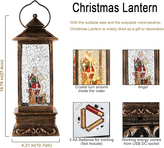 Christmas Snow Globe Lantern Christmas Decorations, Xmas Gifts Christma Vintage Home Decor Indoor,Sparkling with Music 6H Timer, Holiday Party Gifts (Santa Claus Red)
