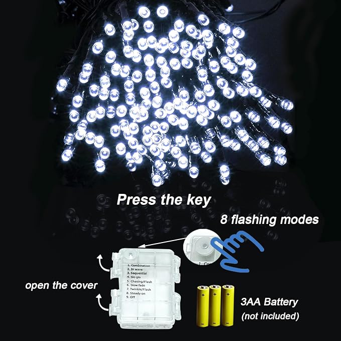 White String Lights Outdoor, 2 Packs of 36ft 100LED Battery Stringlights with Remote and Timer, Dimmable Led Christmas Lights Indoor, Twinkle Christmas Tree Lights Outdoor, Xmas Lights Decor