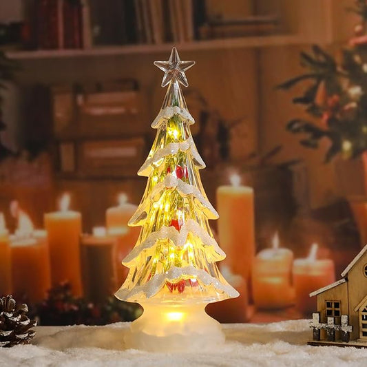 Small Christmas Tree White Acrylic Tree with Red Berries 11 Inch Tabletop Christmas Tree with LED Lights Timer Vintage Christmas Decoration Battery Operated Medium Transparent