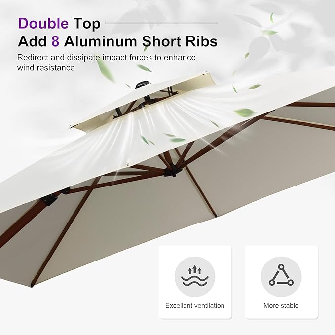 PURPLE LEAF 12ft Patio Umbrella Outdoor Square Umbrellas Large Cantilever Umbrella Windproof Offset Heavy Duty Sun Umbrellas for Garden Deck Pool Patio, Cream
