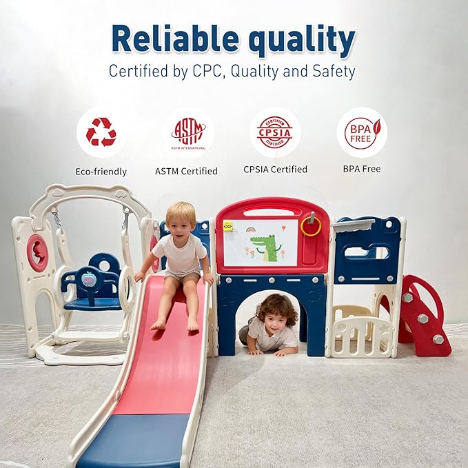 12 in 1 Outdoor Toddler Playsets with Slide Toddlers Playground and Swing Set Indoor Climber Tunnel Playset Play Equipment with Basketball Hoop for Backyard