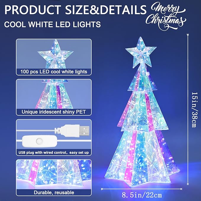 Holographic Christmas Tree, 15 Inch Desktop Decoration Tree with LED Lights, Prismatic Iridescent Christmas Tree Gift for Kids Girls Families Office Indoor Decorations