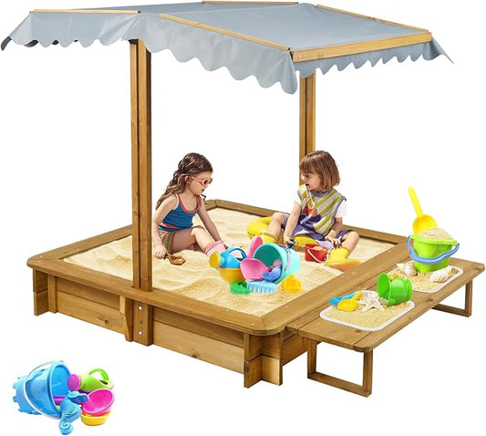 Sandbox with Lid, Outdoor Wooden Kids Sand Box with Adjustable Canopy & Two Toy Basins, Sandbox with Cover for Backyard, Beach, Gift for Kids Aged 2-8, Bottom Liner & UV-Resistant, 45''