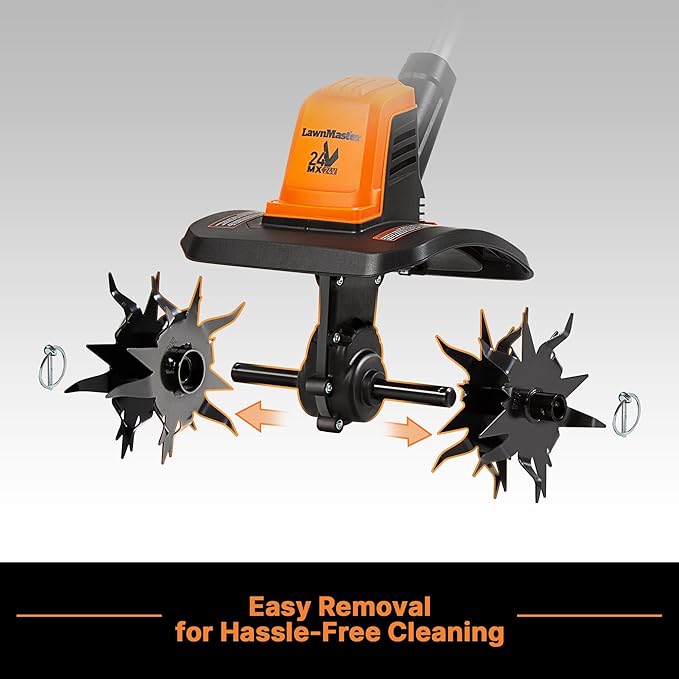 LawnMaster 24V MAX Cordless Tiller Cultivator, Lightweight Electric Garden Tiller, with 1* MAX 24V 4.0ah Battery&Charger, 4* Blade, 9In Tilling Width & 7In Depth for Weeding, Gardening & Cultivation