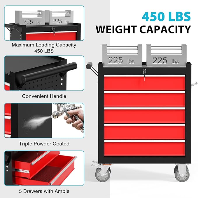 5-Drawer Rolling Tool Chest, Lockable Portable Storage Tool Chest with Wheels, Tool Box for Garage, Workshop, Warehouse & Repair Shop