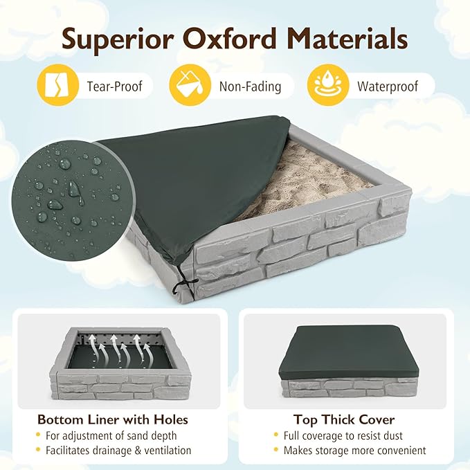 Costzon Kids Sandbox with Cover, 47x 47 HDPE Sand Box w/Oxford Cover, Bottom Liner, Reinforced Structure, Weather Resistant Outdoor Sand Pit for Backyard Lawn Garden Beach (Gray)
