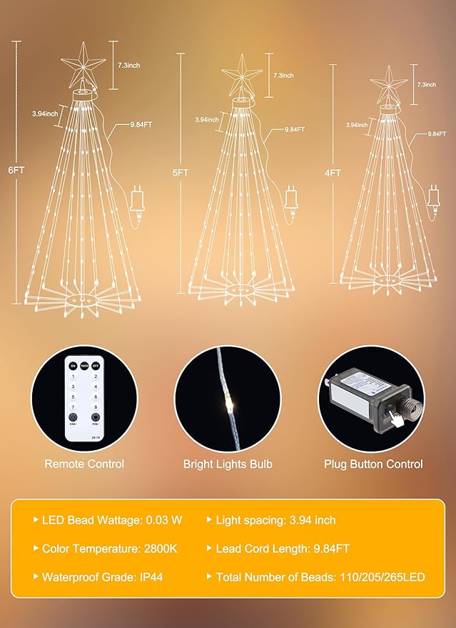 Outdoor Christmas Cone Tree Light with Remote, 3Set Outdoor Lightshow Christmas Tree with Star Topper, Dimmable Artificial Christmas Tree for Porch Yard Patio Indoor Christmas Decorations, Warm White