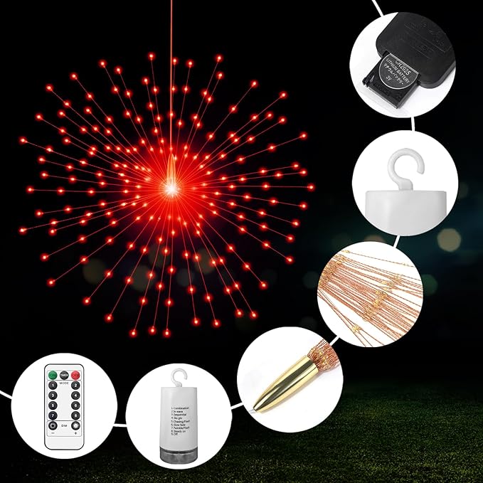 2 Pack Starburst Sphere Lights,200 LLED Firework Lights, 8 Modes Dimmable Remote Control Waterproof Hanging Fairy Light, Copper Wire Light for Patio Parties Christmas (Red)