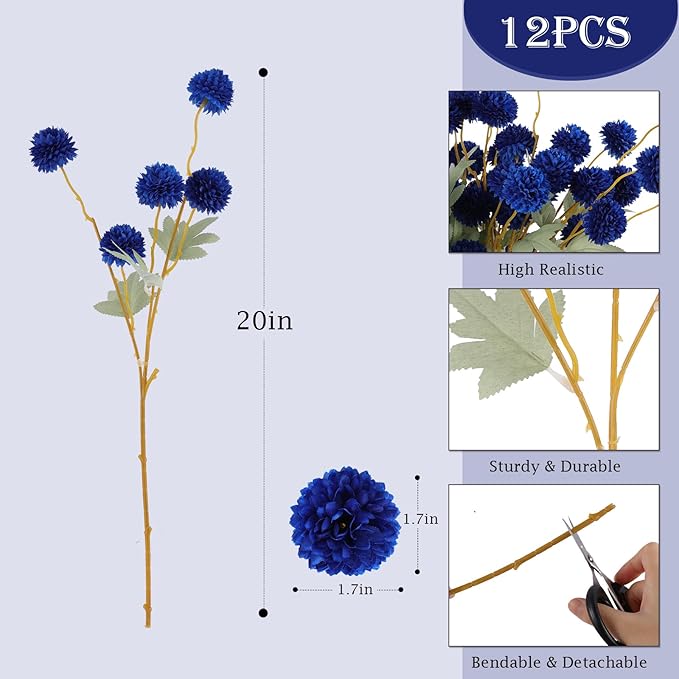 Hananona 12 Piece Artificial Chrysanthemum Flowers, Blue Mini Kiku Pom Pom Mums Patriotic Flower Faux Floral Arrangements 4th of July Centerpiece for Home Kitchen Decor (12, Blue)
