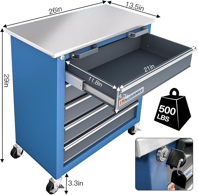 LARBANKE 5-Drawer Rolling Tool Chest,Tool Cabinet on Wheels with Keyed Locking System and Drawer Liners,Tool Chest with Link Buckle and can be Combined to Large Cabinet Set,for Warehouse,Garage