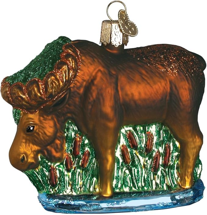Old World Christmas Munching Moose Glass Blown Ornament for Christmas Tree, Handcrafted Holiday Decoration, Wildlife Animal Collection