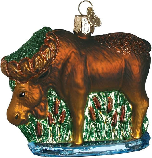 Old World Christmas Munching Moose Glass Blown Ornament for Christmas Tree, Handcrafted Holiday Decoration, Wildlife Animal Collection