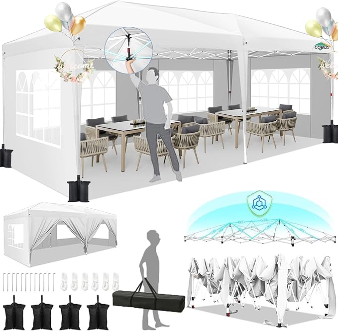 HOTEEL 10x20 Pop Up Canopy with 6 Sidewalls, One-Push Setup Canopy Tent with 8 Windbreak Poles, 10x20 Waterproof Outdoor Canopies for Parties Market Weddings Camping Patios (White)
