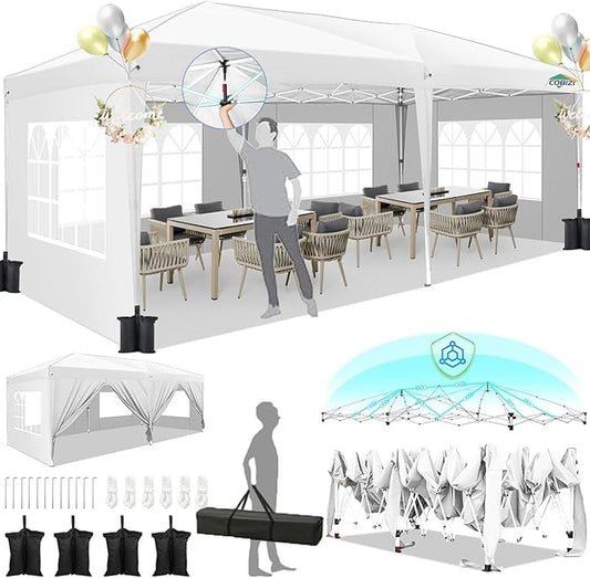 HOTEEL 10x20 Pop Up Canopy with 6 Sidewalls, One-Push Setup Canopy Tent with 8 Windbreak Poles, 10x20 Waterproof Outdoor Canopies for Parties Market Weddings Camping Patios (White)