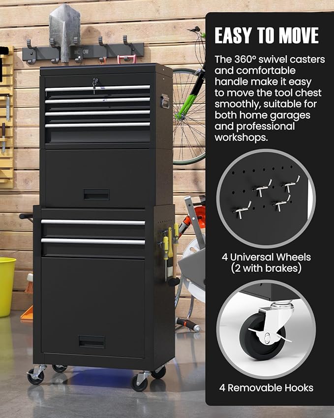 ARNOT 2-in-1 Rolling Tool Chest with 5 Drawers, Heavy-Duty Metal Tool Box with Wheels, Detachable Top Tool Box & Rolling Tool Cabinet for Garage, DIY (6-Drawers Whith Middle Box, Black)