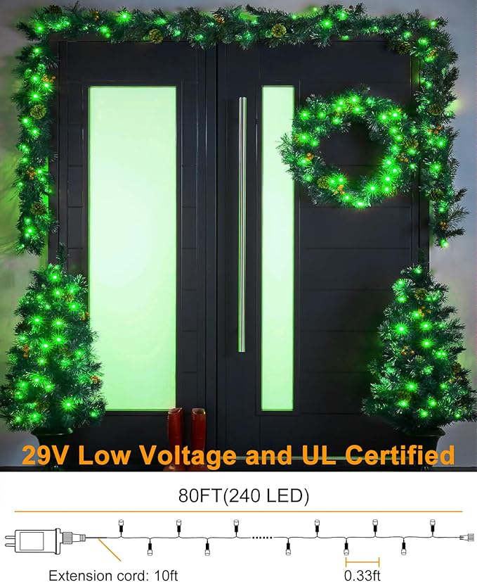 Green Christmas Lights Outdoor, 80FT 240 LED Christmas Tree Lights Waterproof Plug in, 8 Modes Connectable Christmas Decorations Indoor Green Wire for Patio Garden Xmas Party Holiday