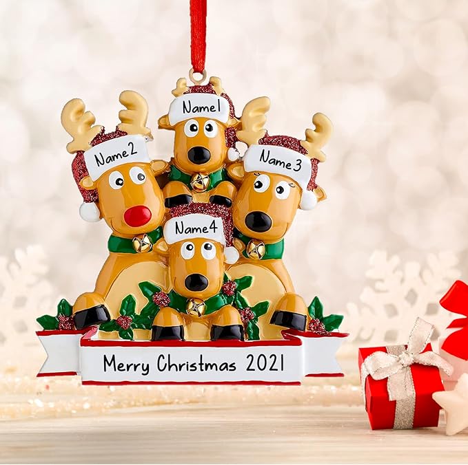 Personalized Christmas Ornaments 2025 Reindeer Family of 2/3/4/5/6/7/8 Deer Custom Christmas Ornaments with Names Customized New Year Keepsake Christmas Tree Decorations（Family of 8）